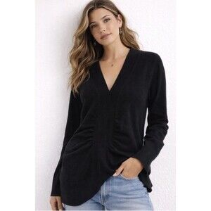 Beth Bowley 100% Cashmere V-neck Sweater Black Ruched Womens Size L Luxury